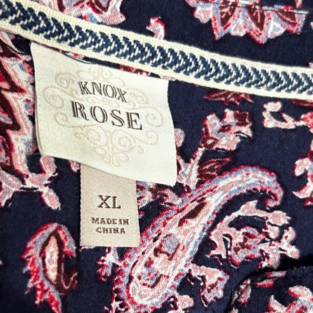 Knox Rose Women Babydoll Peasant Top XL Navy Pink Paisley Smocked Button Front - Picture 7 of 9